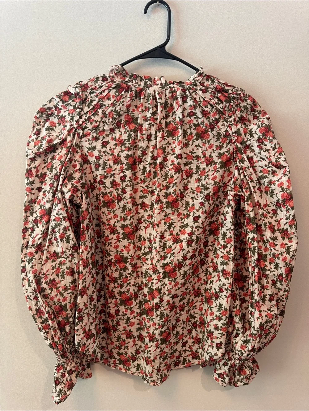 Free People Floral Ruffle Collar Button-Up Blouse in Cream and Red